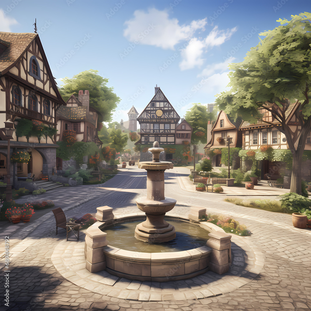 A peaceful village square with a charming fountain