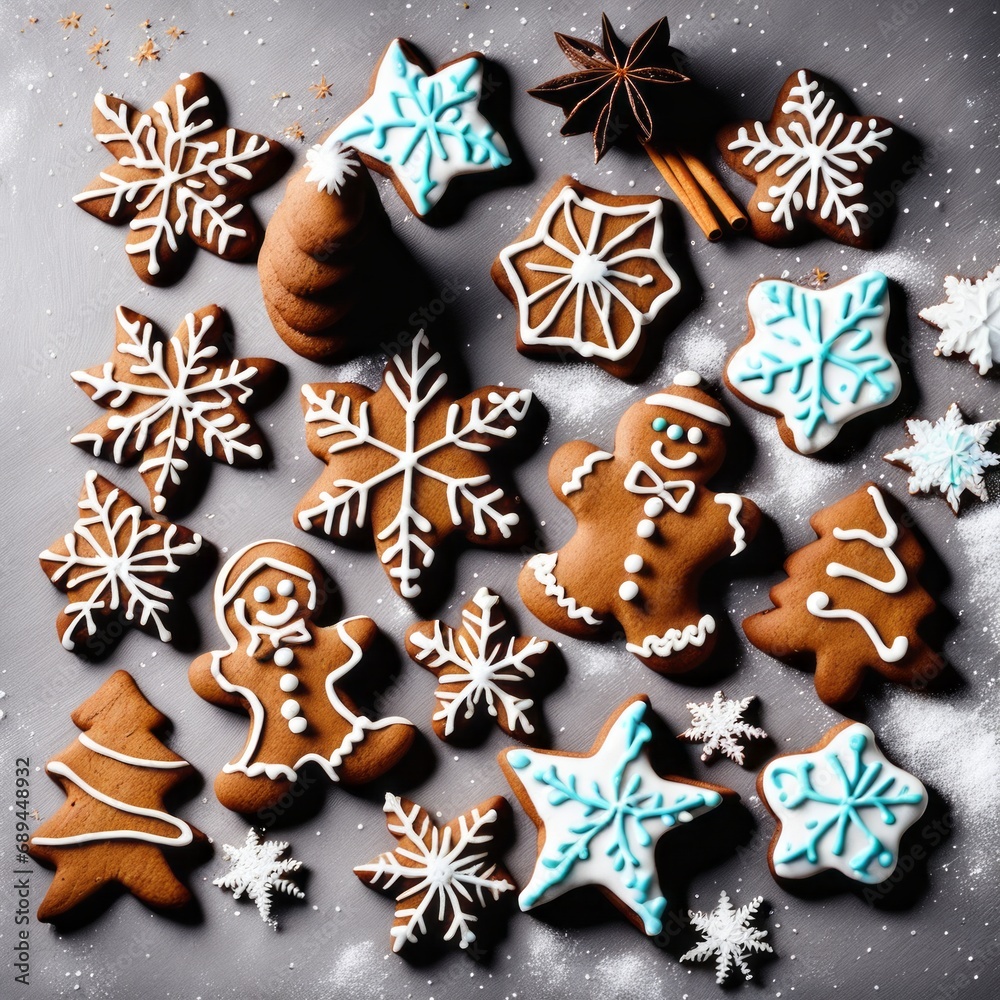 Homemade Gingerbread cookies with spices on a gray background. Homemade Gingerbread cookies with spices on a gray background.