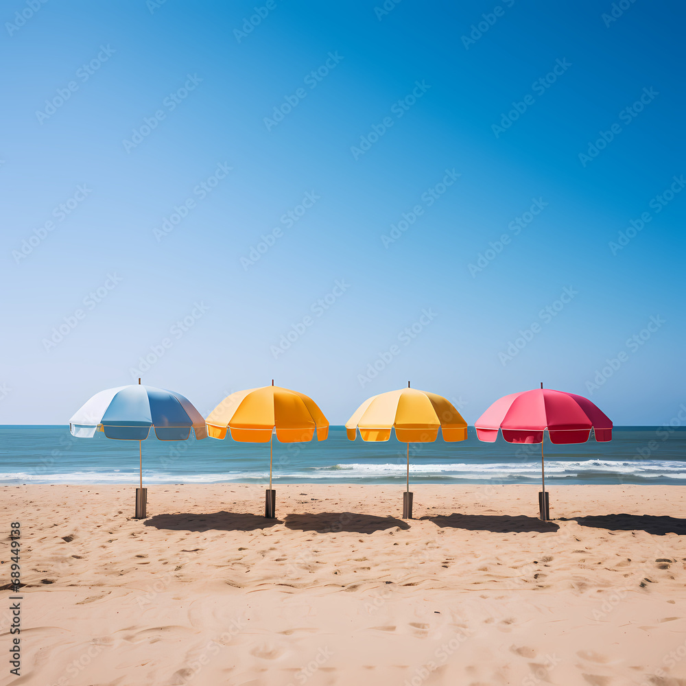 A row of colorful beach umbrellas on golden sand