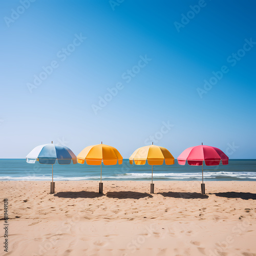 A row of colorful beach umbrellas on golden sand © Cao