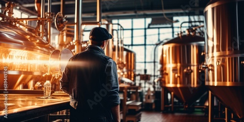 A skilled engineer tests brewing equipment in a modern brewery  blending tradition and technology to craft precise and flavorful beers. Generative AI.