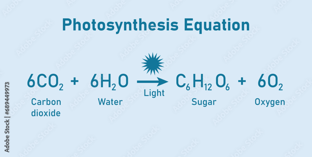 Photosynthesis equation. Carbon dioxide, water, sugars and oxygen. Chemical reaction with reactants and products. Chemical resources for teachers and students.
