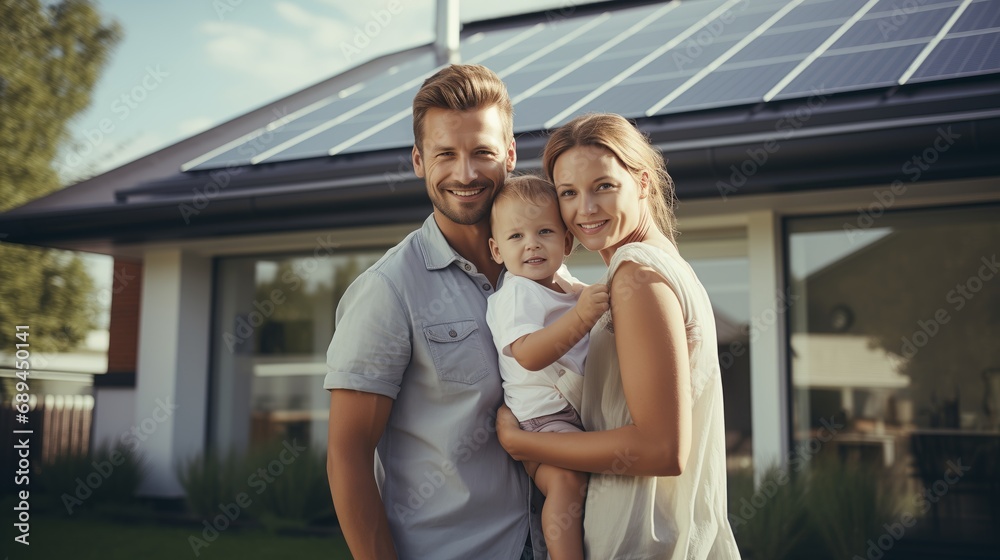Fototapeta premium Happy family near their house with solar panels.renewable energy,sustainability,sustainable development,Alternative energy, saving resources and sustainable lifestyle concept. 