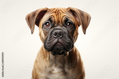 Bullmastiff dog on a white background. Adorable animal close-up portrait. Generated by generative AI. photo