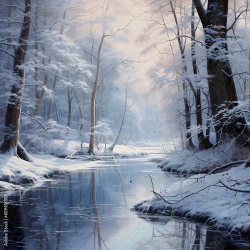 A serene winter scene with a frozen pond and snow-covered trees © Cao