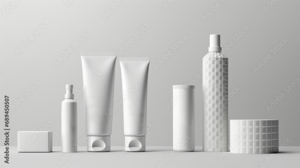 3D Mockup White cosmetics bottles of toothpaste, soap and moisturizing cream, all white, geometric simplification, industrial design, rounded forms, alson skinner clark, light gray free copy space 3D Mockup White cosmetics bottles of toothpaste, soap and moisturizing cream, all white, geometric simplification, industrial design, rounded forms, alson skinner clark, light gray free copy space