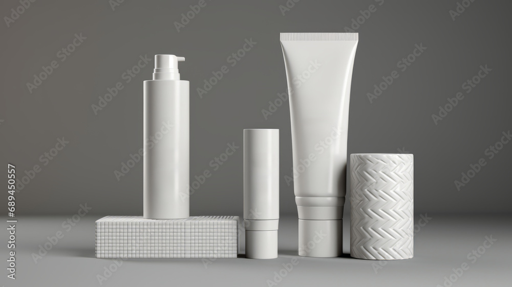 3D Mockup White cosmetics bottles of toothpaste, soap and moisturizing cream, all white, geometric simplification, industrial design, rounded forms, alson skinner clark, light gray free copy space 3D Mockup White cosmetics bottles of toothpaste, soap and moisturizing cream, all white, geometric simplification, industrial design, rounded forms, alson skinner clark, light gray free copy space