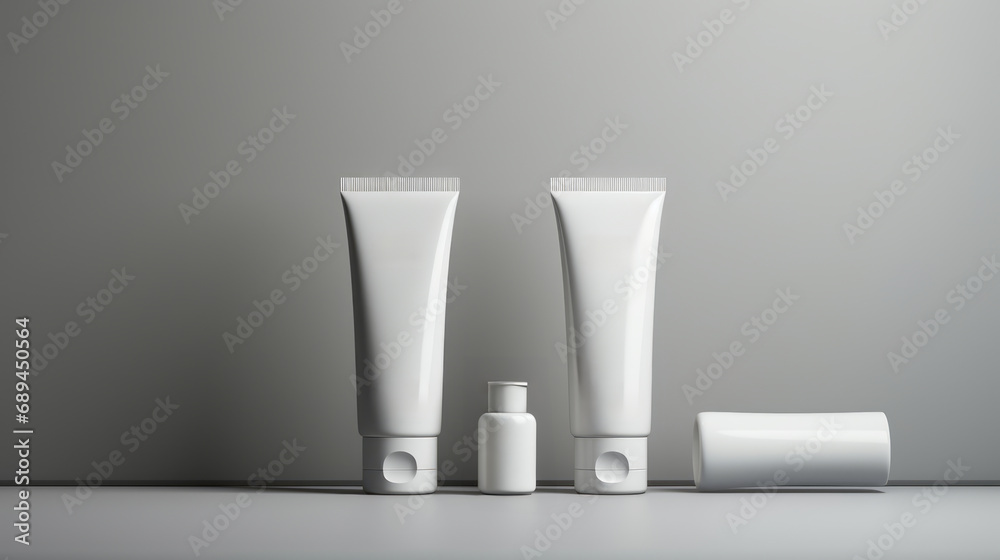 3D Mockup White cosmetics bottles of toothpaste, soap and moisturizing cream, all white, geometric simplification, industrial design, rounded forms, alson skinner clark, light gray free copy space