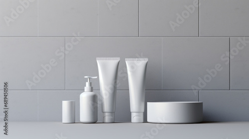 3D Mockup White cosmetics bottles of toothpaste  soap and moisturizing cream  all white  geometric simplification  industrial design  rounded forms  alson skinner clark  light gray free copy space
