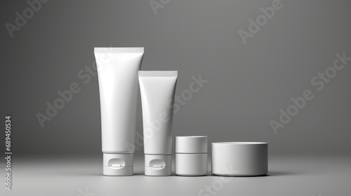 3D Mockup White cosmetics bottles of toothpaste, soap and moisturizing cream, all white, geometric simplification, industrial design, rounded forms, alson skinner clark, light gray free copy space photo