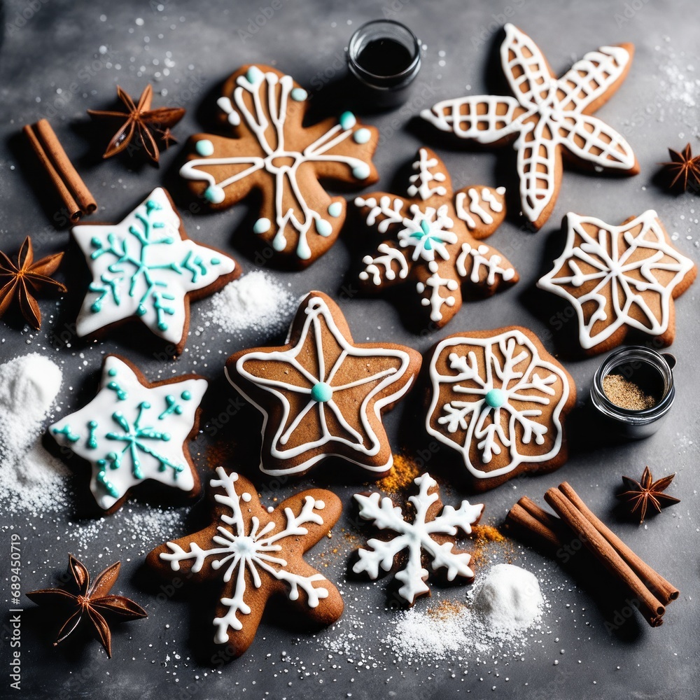 Homemade Gingerbread cookies with spices on a gray background. Homemade Gingerbread cookies with spices on a gray background.
