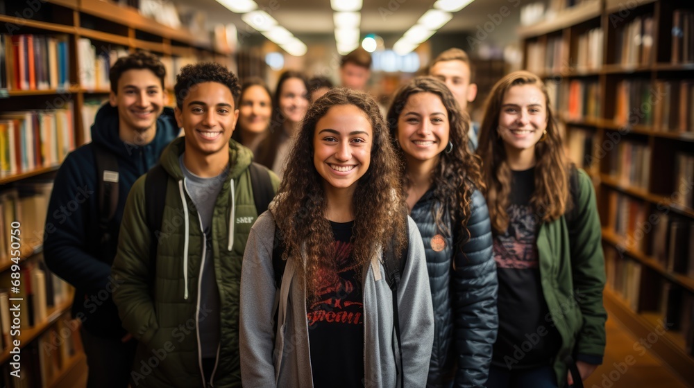 Group of diverse college students sitting in library Group of diverse college students sitting in library