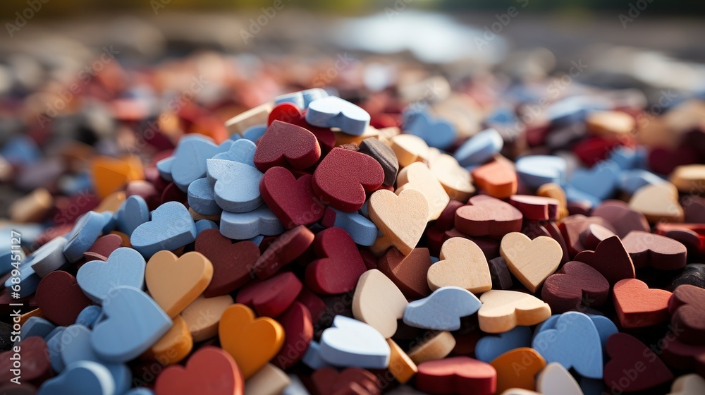 Fototapeta premium Still Tiny Colorful Wooden Cut Heart, Background Image, Desktop Wallpaper Backgrounds, HD