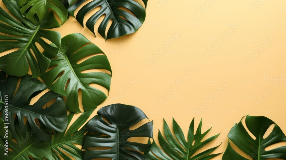 Tropical leaves on yellow background, flat lay. Space for text