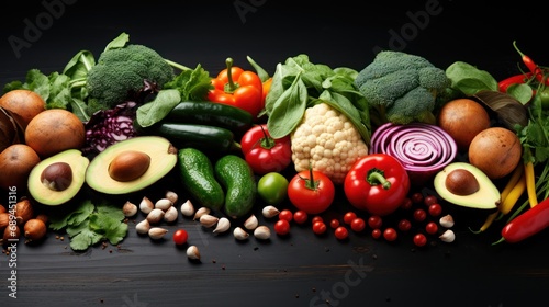 Composition with variety of raw organic vegetables on black wooden table  closeup