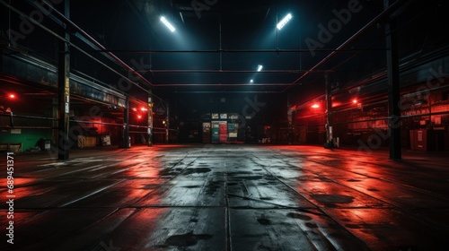Empty warehouse with red lights in the night, toned image. © afzar