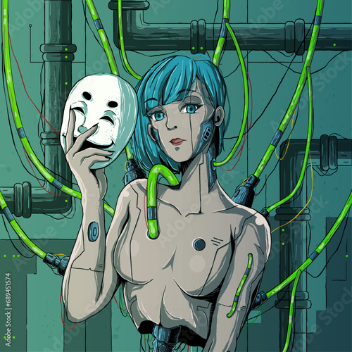 cybernetic girl linked to many cables