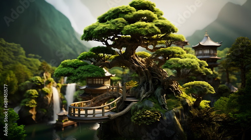 fantasy japanese tree house in a bonsai tree peaceful garden in the background © Lucky Ai