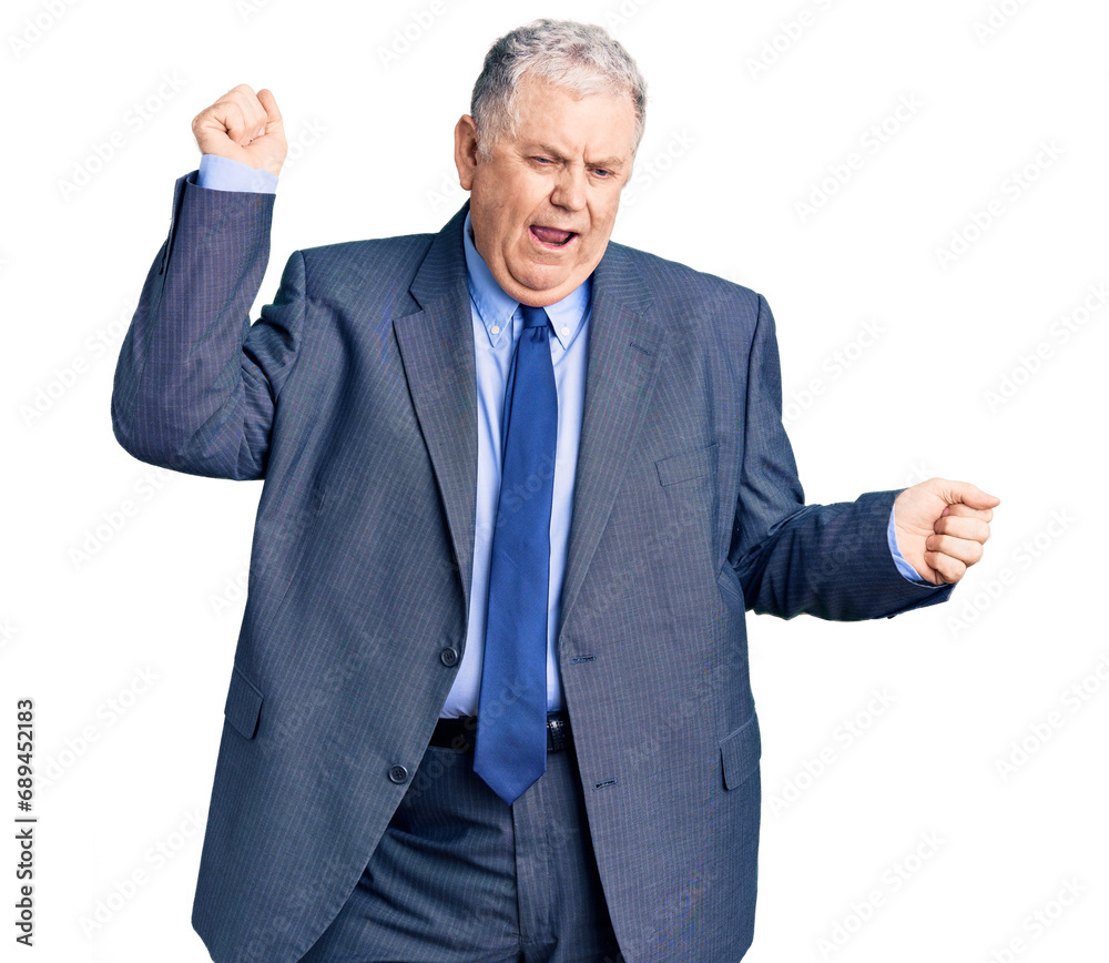 Senior grey-haired man wearing business jacket dancing happy and cheerful, smiling moving casual and confident listening to music Senior grey-haired man wearing business jacket dancing happy and cheerful, smiling moving casual and confident listening to music