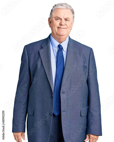 Senior grey-haired man wearing business jacket with a happy and cool smile on face. lucky person.