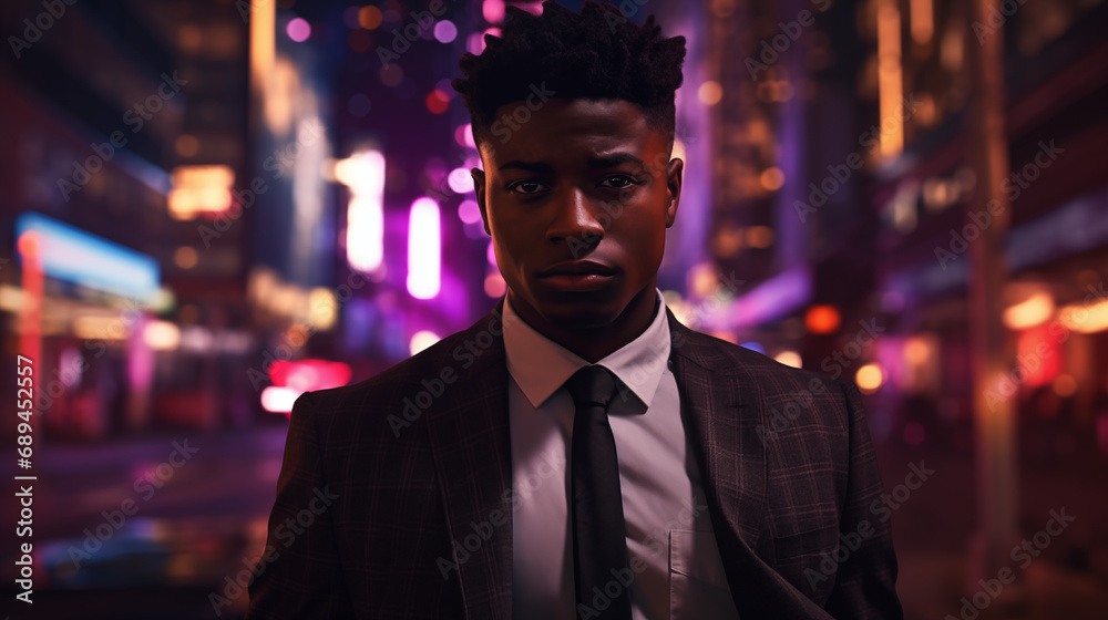 Fototapeta premium Young Man in Suit on Vibrant City Street at Night