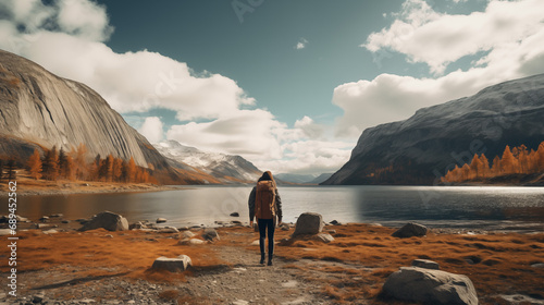 Lone Explorer in a Majestic Autumn Mountain Landscape