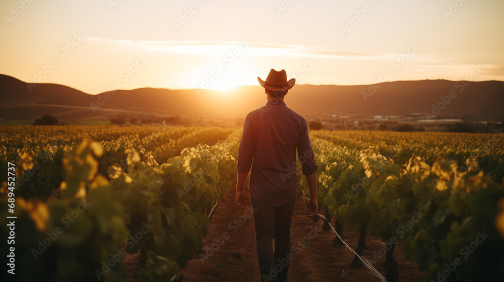 Fototapeta premium Rancher Walking Through Vineyard at Sunset