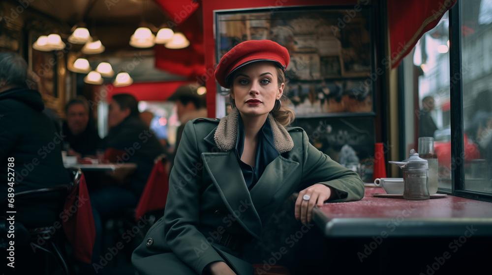 Obraz premium Elegant Woman in Parisian Café