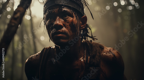 Mud-Splattered Man in Rainforest Aftermath