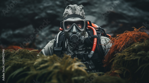 Soldier in Tactical Gear with Gas Mask