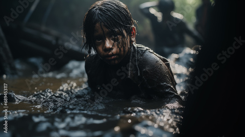 Child Crawling in Muddy Water