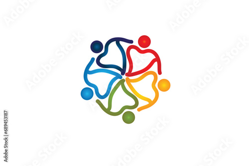 Logo teamwork charity people diversity colorful heart shaped in a hug icon image circle unity voluntary conceptual ID card business concept logo vector image design