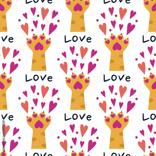 Cat paw with bright hearts seamless vector pattern. Kitten foot with pink pads, claws, striped fur. Hand of a cute animal raised up, pet love. Flat cartoon background for Valentines day, date, print photo