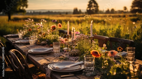 Summer outdoor dinner table in field on sunset photo