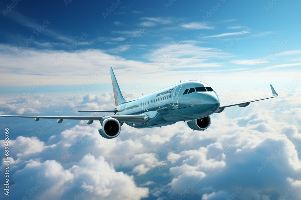 Airplane in the blue sky. Background with selective focus and copy space