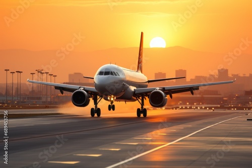 Passenger aircraft at the airport on the runway. Background with selective focus and copy space