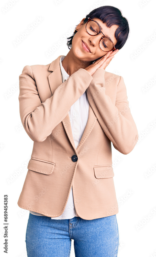 Young brunette woman with short hair wearing business jacket and glasses sleeping tired dreaming and posing with hands together while smiling with closed eyes. Young brunette woman with short hair wearing business jacket and glasses sleeping tired dreaming and posing with hands together while smiling with closed eyes.