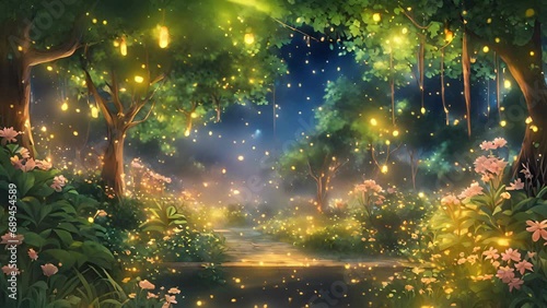 mystical garden where fireflies create fairylike ambiance, their glow interspersed with tiny specks glittering stars. stream overlay animation photo