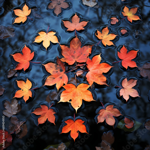 A symmetrical arrangement of autumn leaves on water