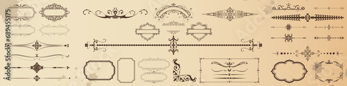 Set of vintage frames with vintage lines and corners on an old background, vector illustration.