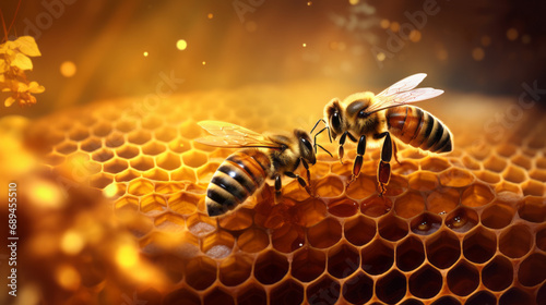 two bees in a honeycomb, background blur effect © Duka Mer