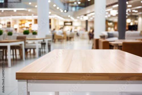 wooden table with metal legs in restaurant, empty wooden table top model
