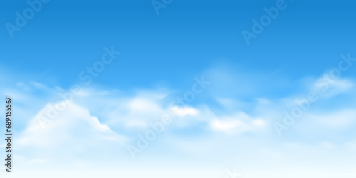 realistic white cloud background design, empty blue sky illustration template vector
