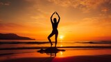 serene sunset yoga: silhouette of woman engaged in yoga practice on the beach