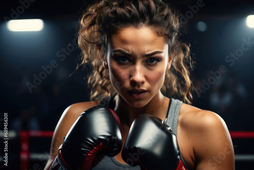 Young woman practices boxing on the stage