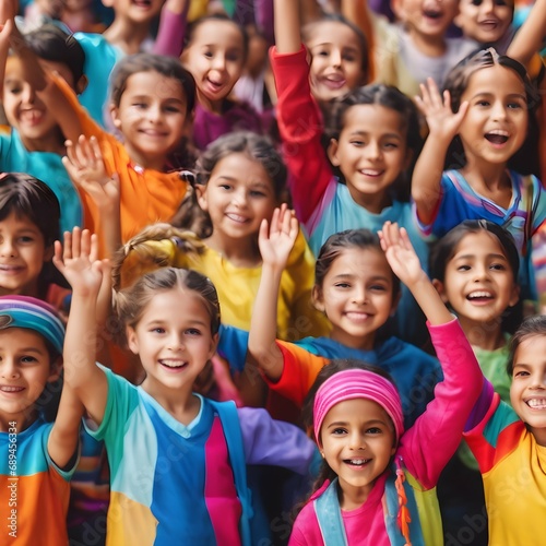Group of children with hands raised, all wearing bright and colorful clothing