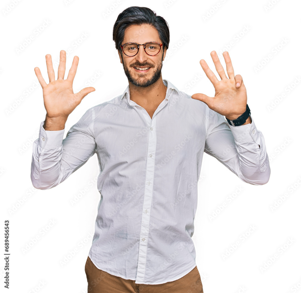 Young hispanic man wearing business shirt and glasses showing and pointing up with fingers number nine while smiling confident and happy.