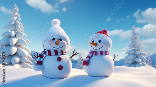 Two cute little snowmen are playing in the snow to celebrate Christmas © 天下 独孤