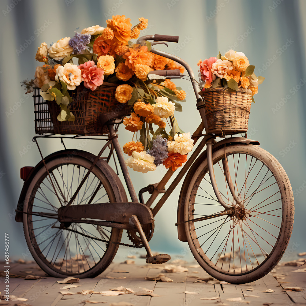A vintage bicycle with a basket of flowers.