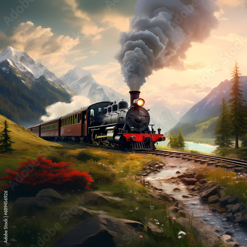 A vintage steam train chugging through a picturesque landscape